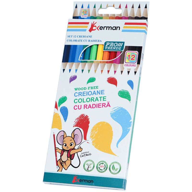 Creioane colorate 12 buc cu radiera pentru copii Soricelul Chitibus